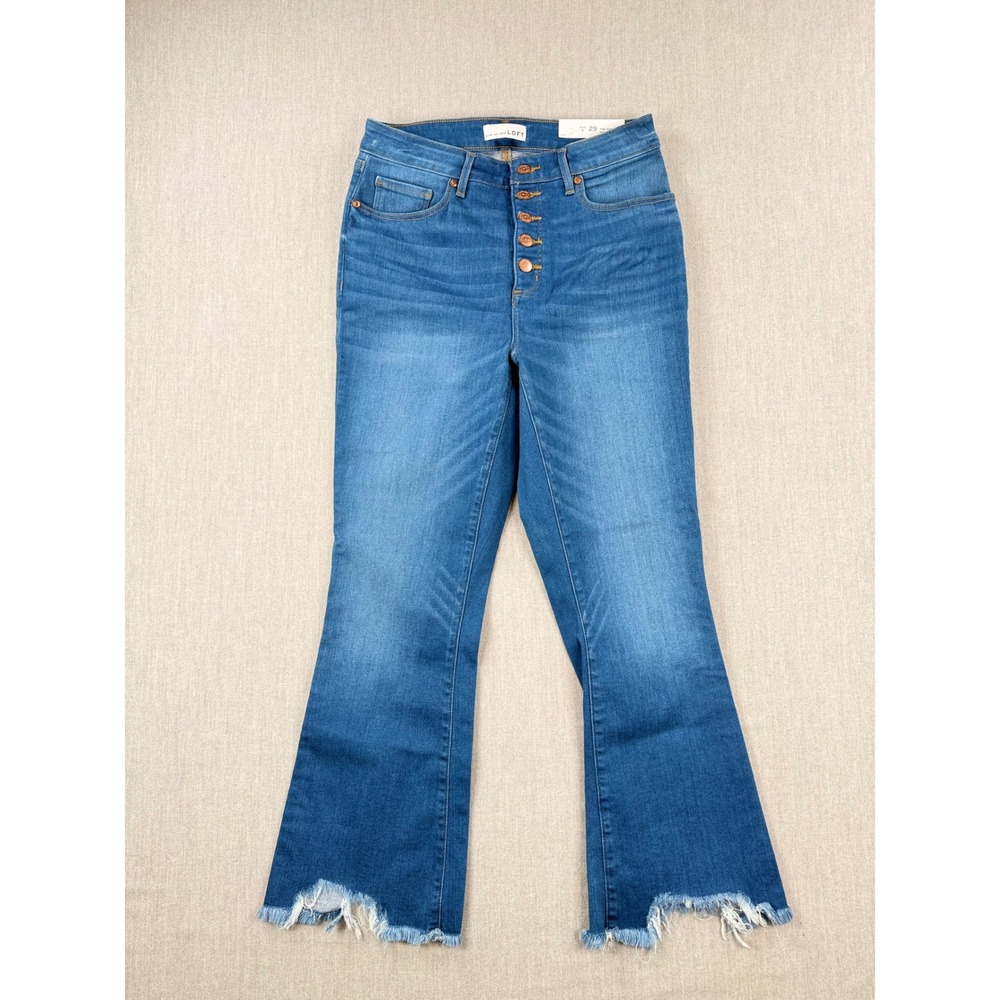 Loft Curvy High Waist Kick Crop Jeans Blue Button Fly Frayed Hem Size 8 29